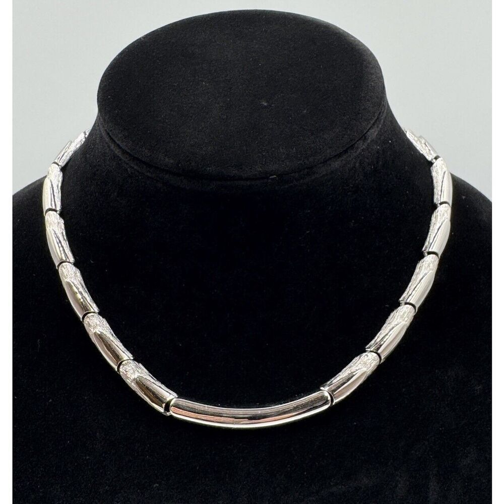 Monet Signed Silver Tone Brushed Polished Vintage Choker Necklace Estate Jewelry